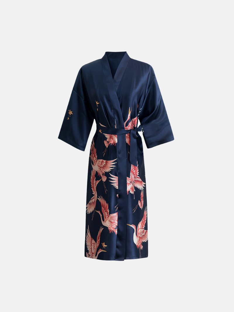 Elegant Silk Kimono Robe with Crane Print – Lightweight Summer Bridal & Bridesmaid Dressing Gown
