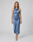 Elegant Sleeveless Silk Satin Midi Dress for Women – Chic Summer Fashion in Solid Color