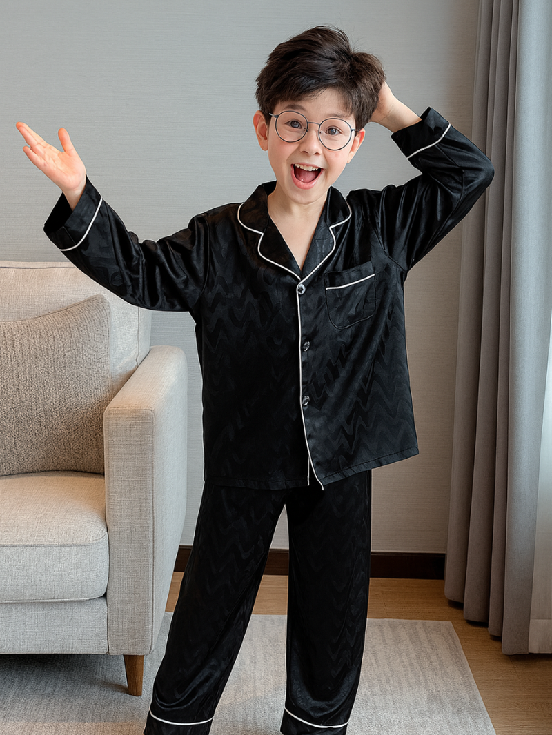 Boys Ice Silk Pajama Set – Breathable Long-Sleeve Sleepwear