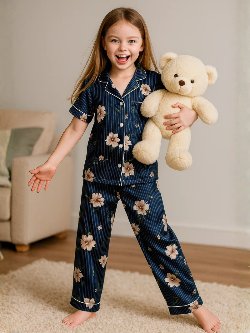 Kids’ Floral Satin Pajama Set – Elegant Sleepwear with Silky Soft Comfort