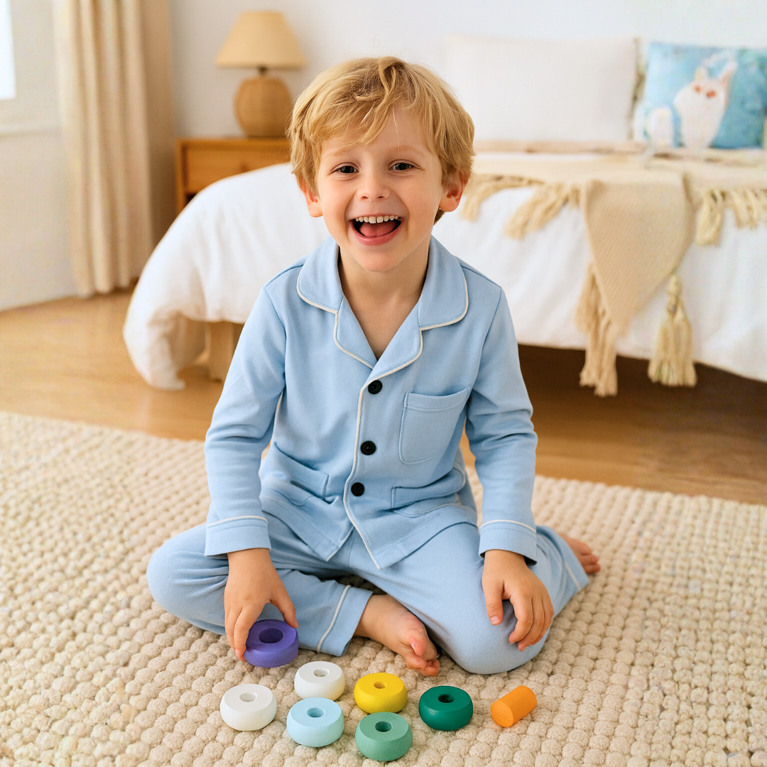 Kids’ Light Blue Satin Pajama Set – Comfortable Long Sleeve Sleepwear