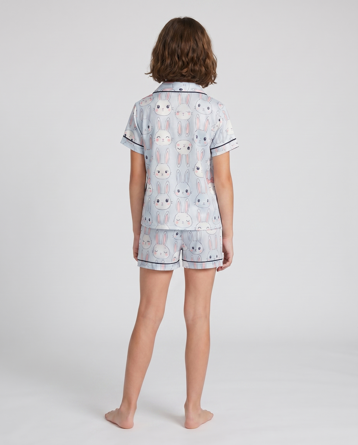 Kids’ Satin Pajama Set – Cute Bunny Print Short Sleeve Sleepwear