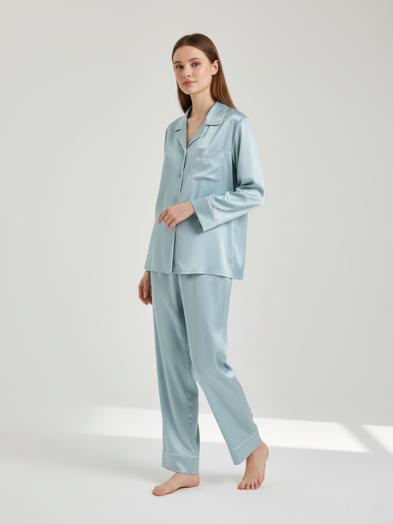 100% Mulberry Silk Pajama Set for Women – Long Sleeve & Pants | Soft, Breathable Loungewear