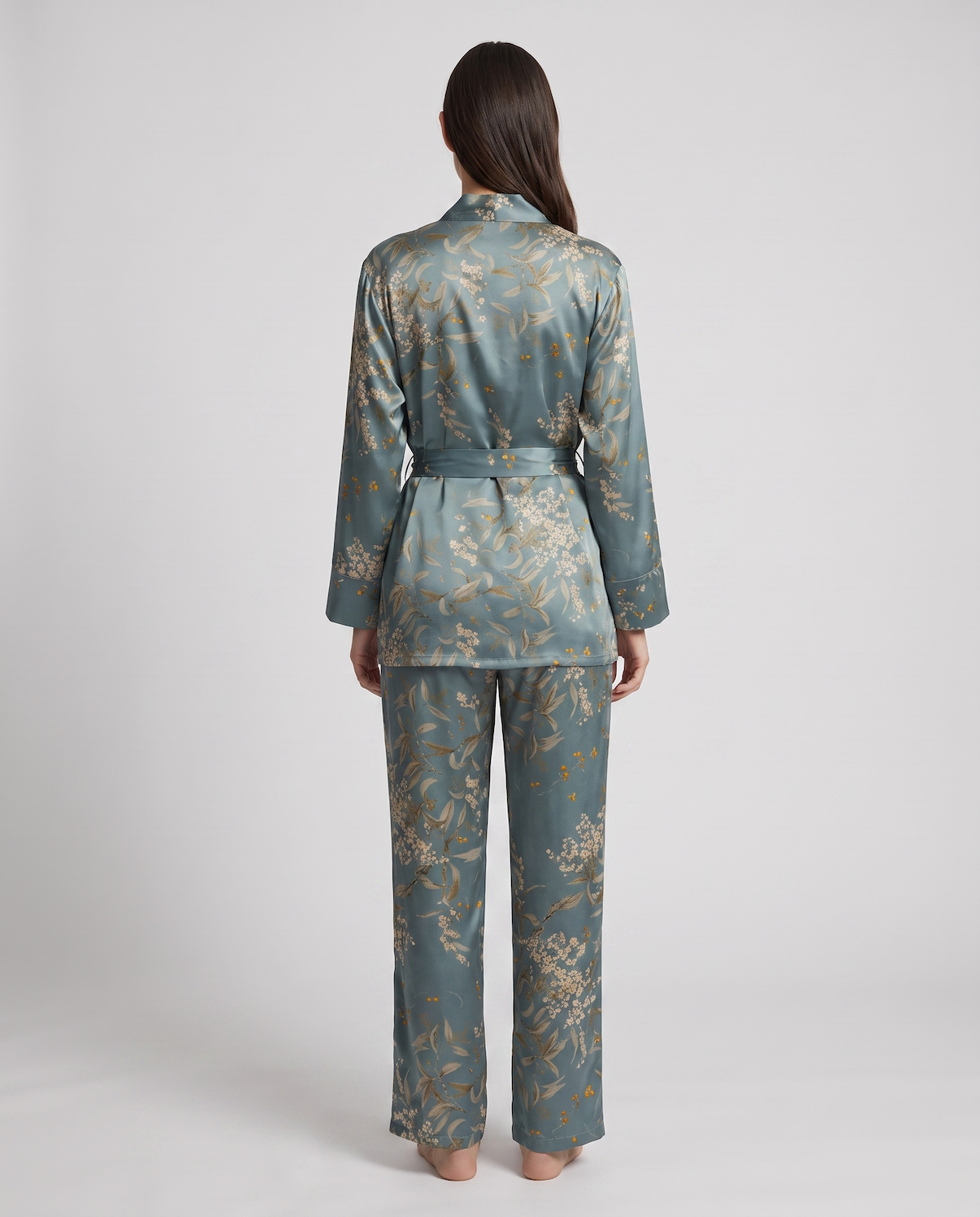 Women’s 100% Mulberry Silk Pajama Set – Long Sleeve Robe, Full-Length Pants &amp; Premium Print