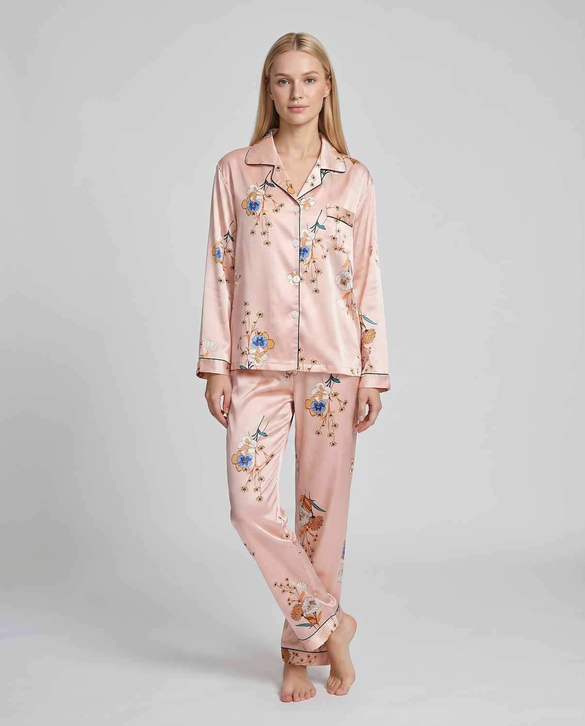 Women's Ice Silk Pajama Set – Summer Long Sleeve &amp; Pants Loungewear in Imitation Silk