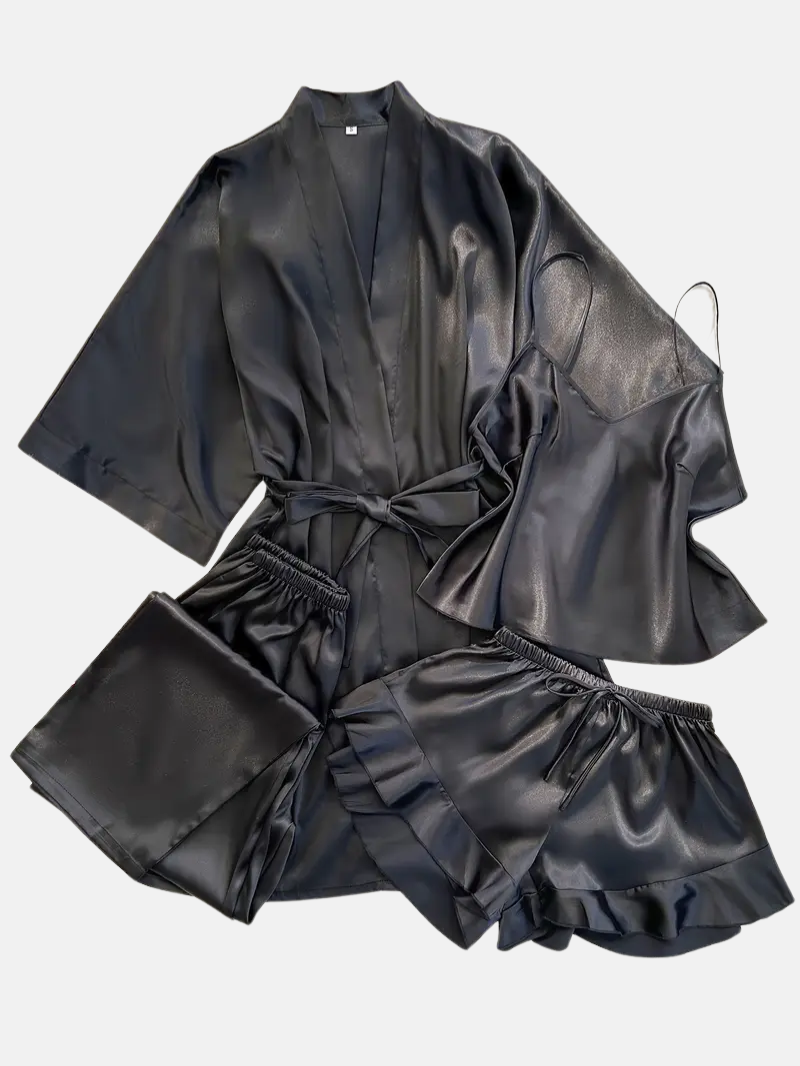 4pcs Elegant Silk Pajama Set for Women - Robe, Bralette, Shorts & Pants