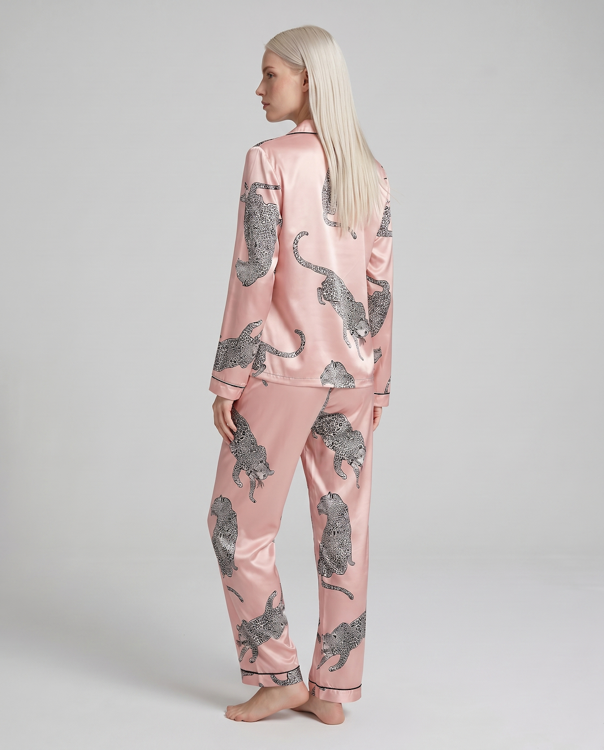 Leopard Print Satin Silk Pajama Set – Stylish, Soft Sleepwear for Women with Long Sleeve Top &amp; Pants
