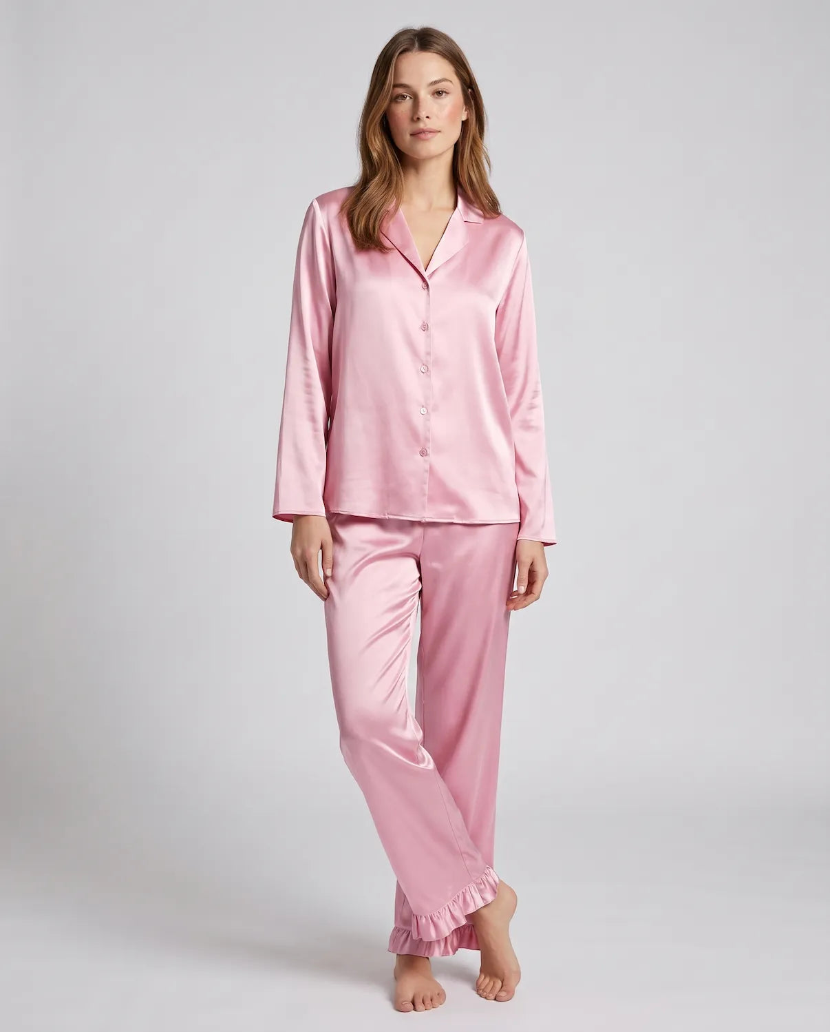 Soft Satin Pajamas Set for Women – 2-Piece Long Sleeve Sleepwear & Elegant Button Loungewear