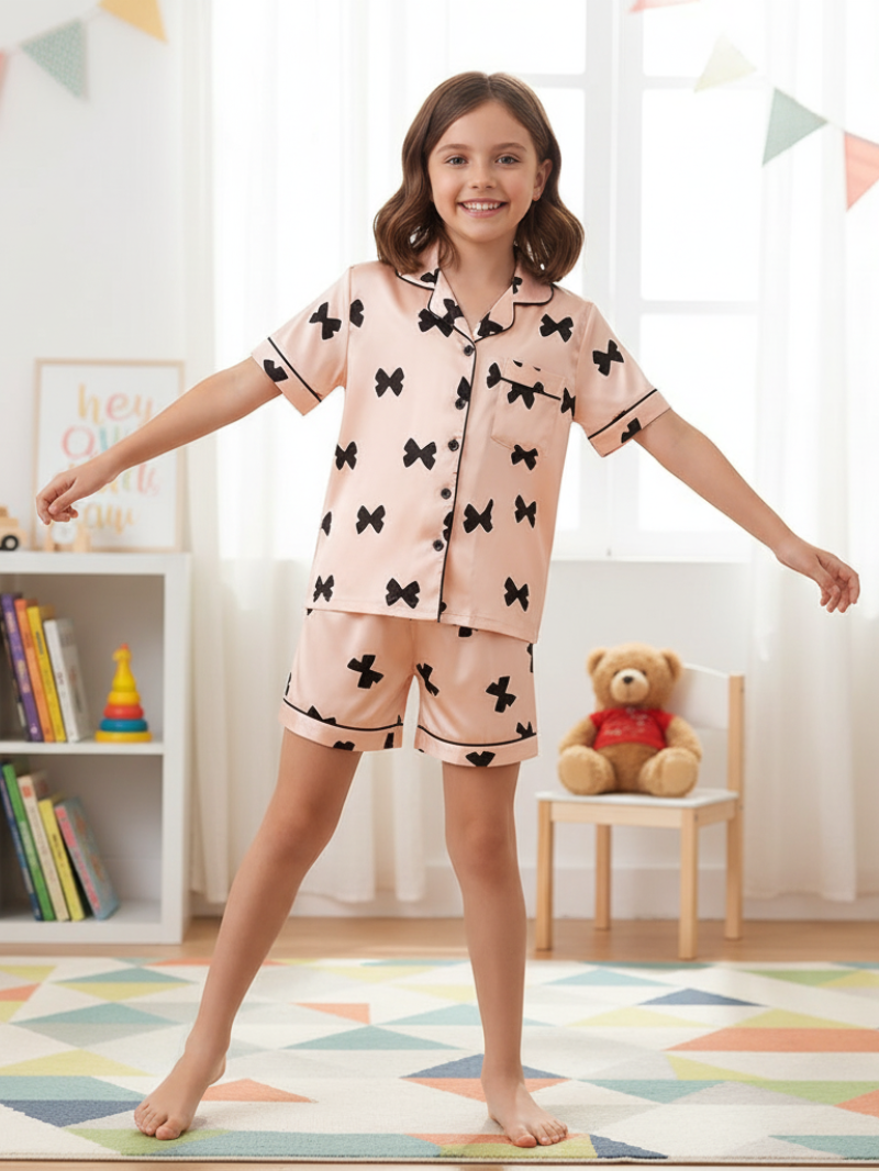 Girls Pink Satin Pajama Set With Black Bow Prints – Lightweight Summer Sleepwear