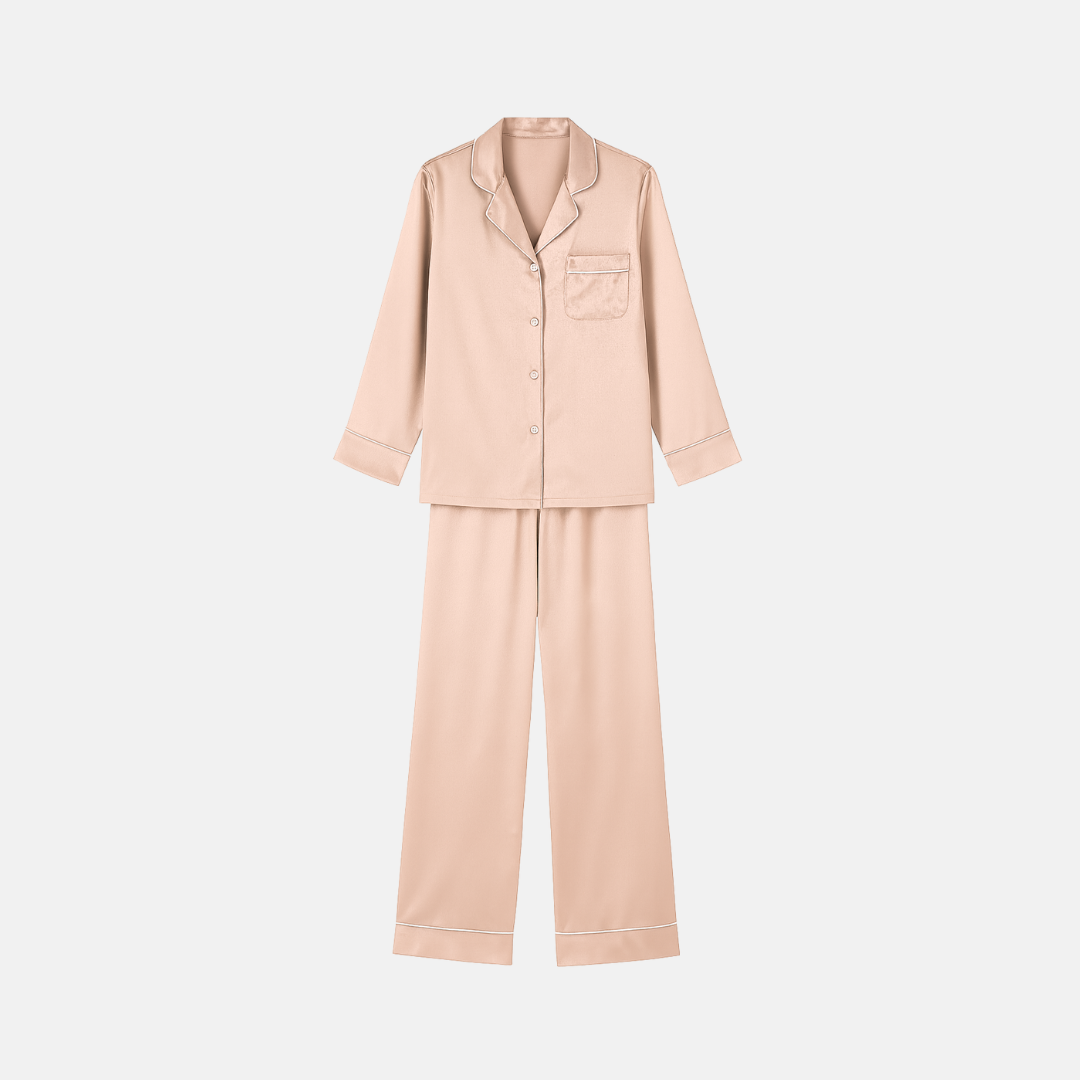 100% Mulberry Silk Pajama Set – Long Sleeve Button Down Top and Full-Length Pants