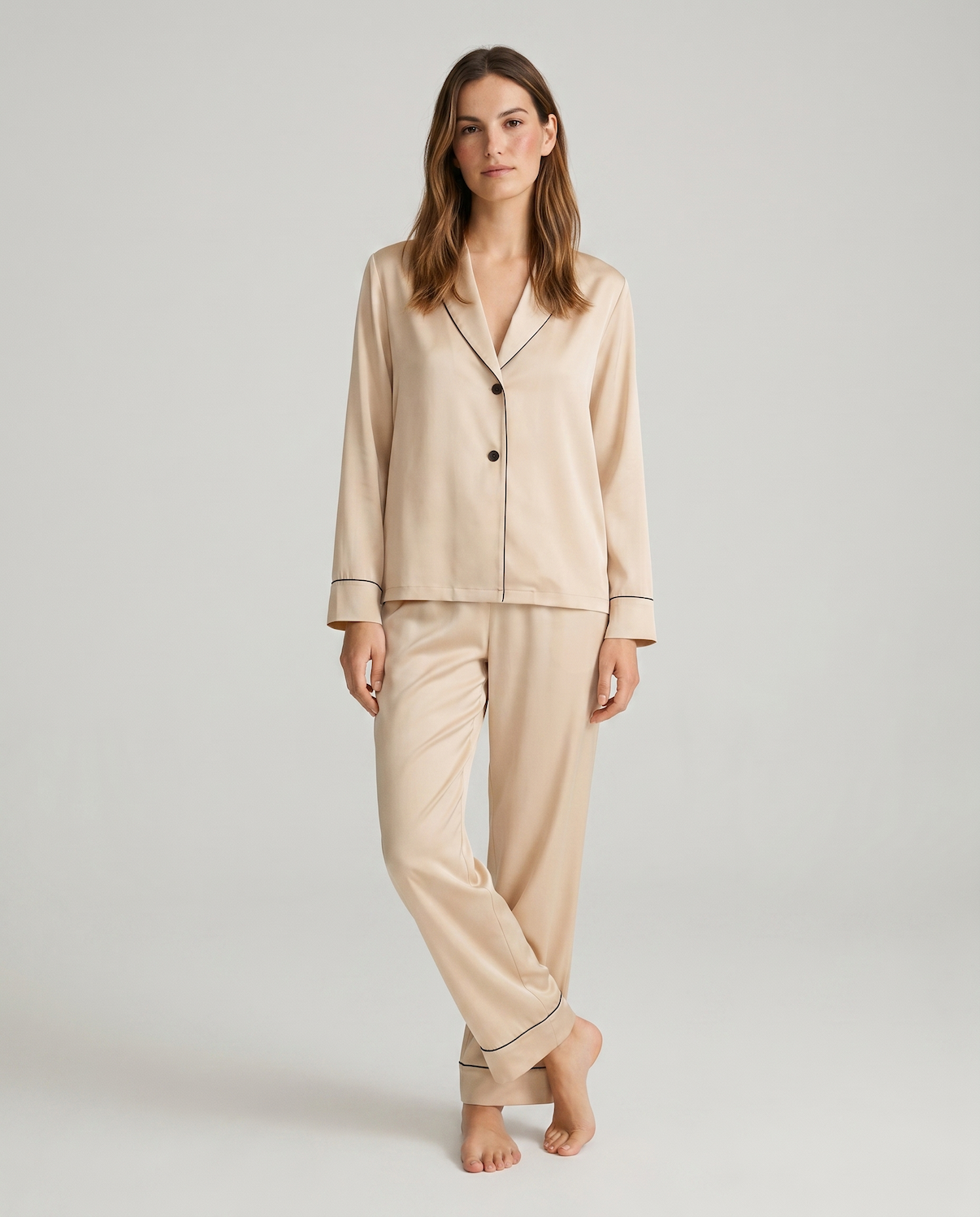 100% Mulberry Silk Pajama Set – Long Sleeve Peter Pan Collar Top &amp; Relaxed Pants