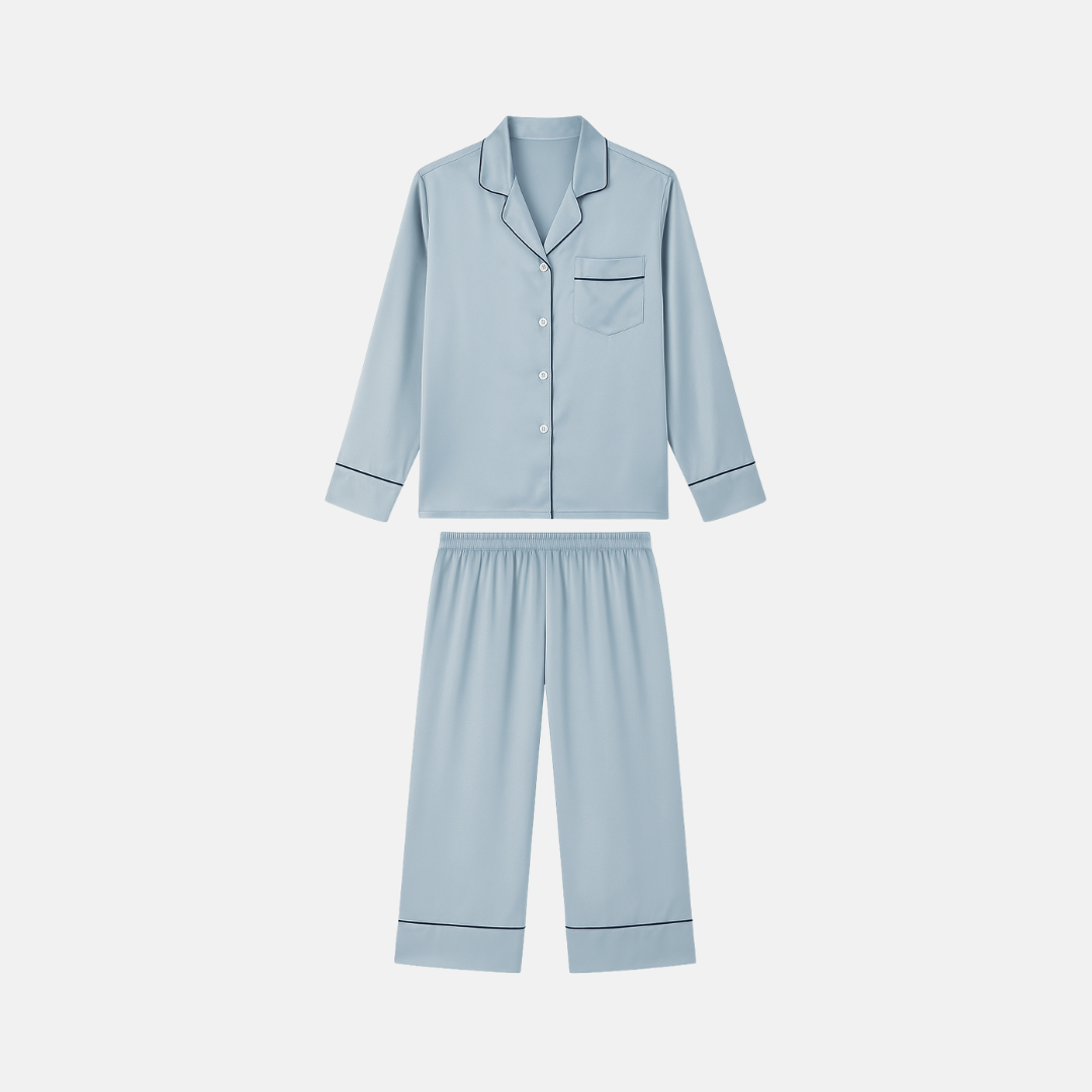 100% Mulberry Silk Pajama Set – Long Sleeve Button Down Top and Full-Length Pants