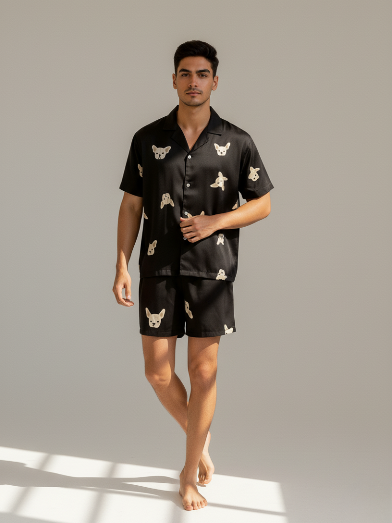 Men’s Ice Silk Pajama Set – Short Sleeve Loose Fit Sleepwear & Homewear Suit