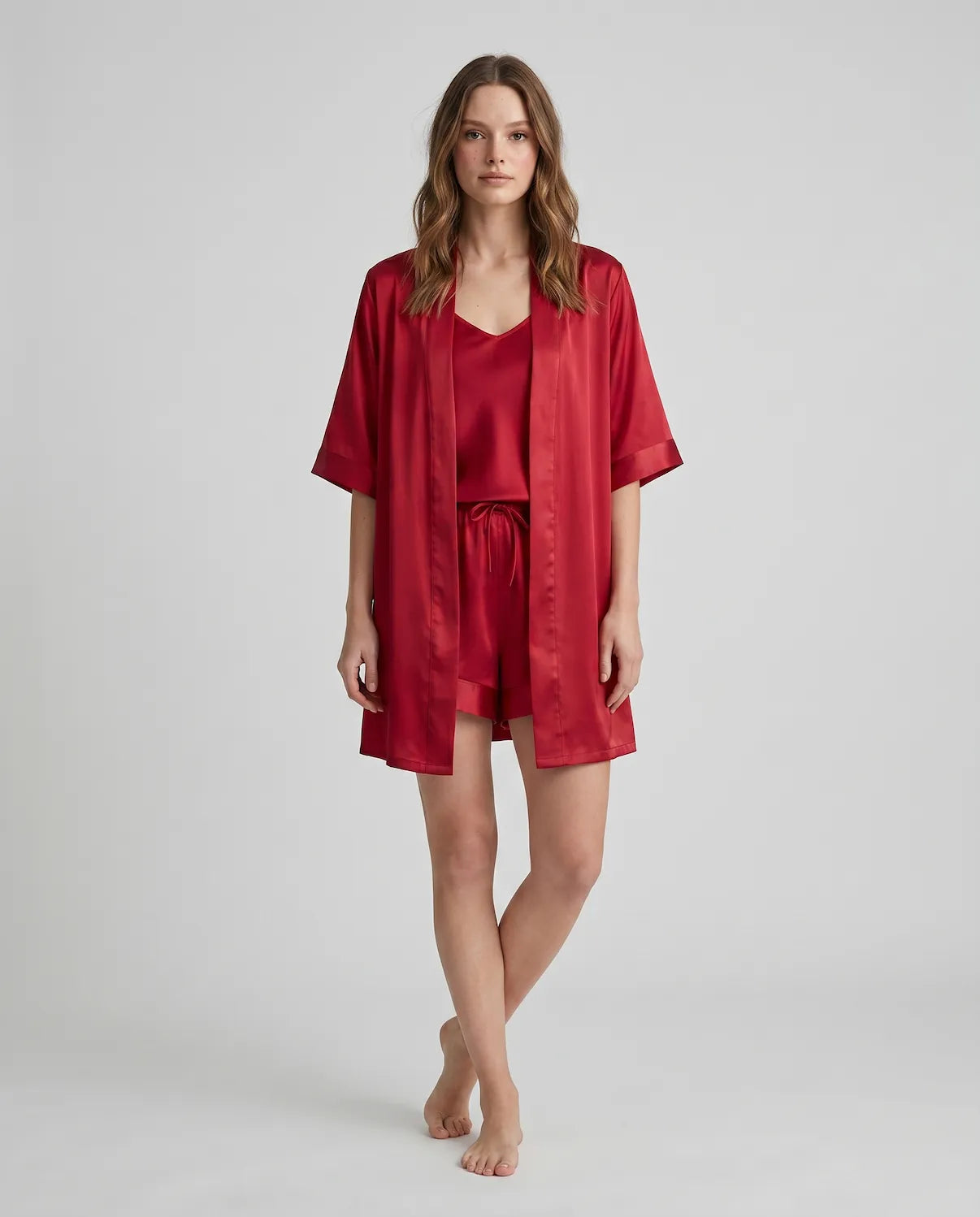 4pcs Elegant Silk Pajama Set for Women - Robe, Bralette, Shorts & Pants