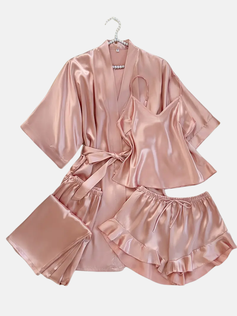4pcs Elegant Silk Pajama Set for Women - Robe, Bralette, Shorts & Pants