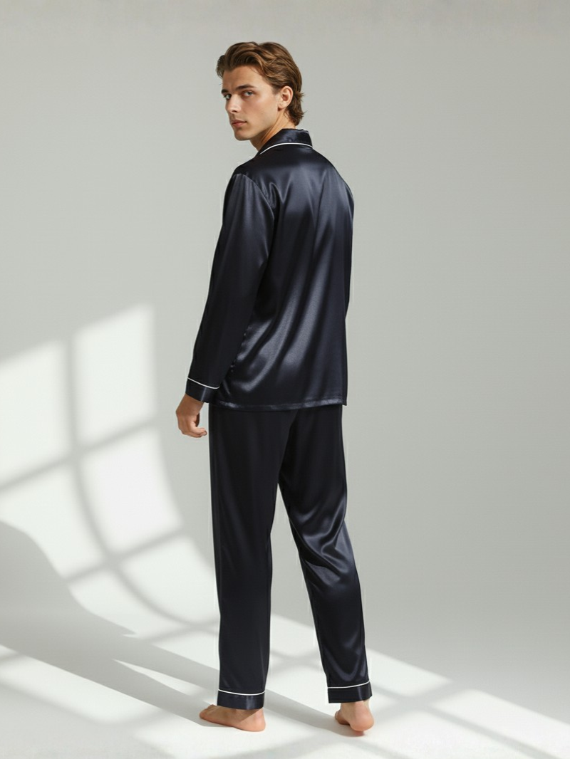 Men's Ice Silk Pajamas – Long Sleeve Pants Set for Spring and Autumn, Casual Summer Silk Suit
