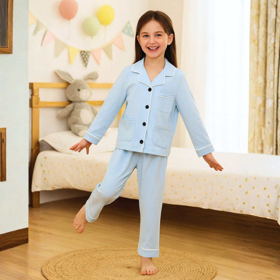 Kids’ Light Blue Satin Pajama Set – Comfortable Long Sleeve Sleepwear