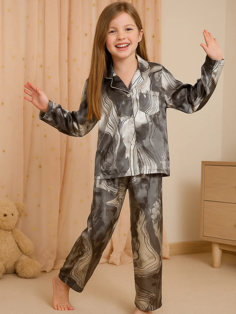 Girls’ Ice Silk Pajama Set – Long Sleeve Thin Homewear