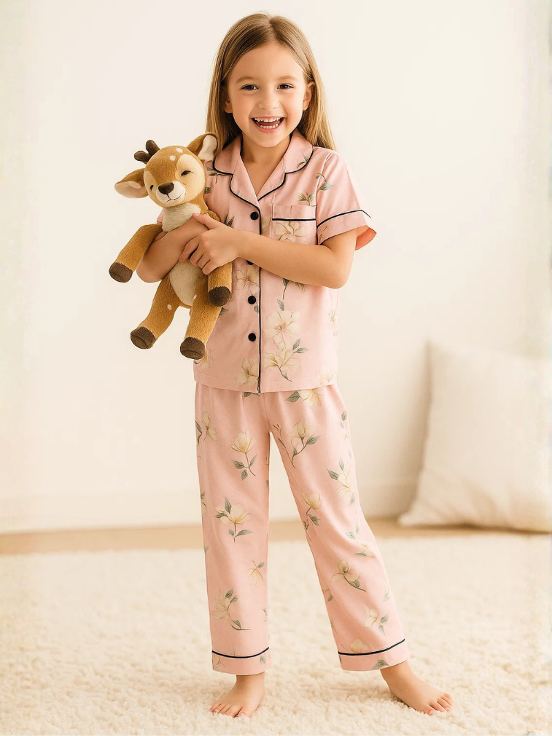 Kids’ Floral Satin Pajama Set – Elegant Sleepwear with Silky Soft Comfort