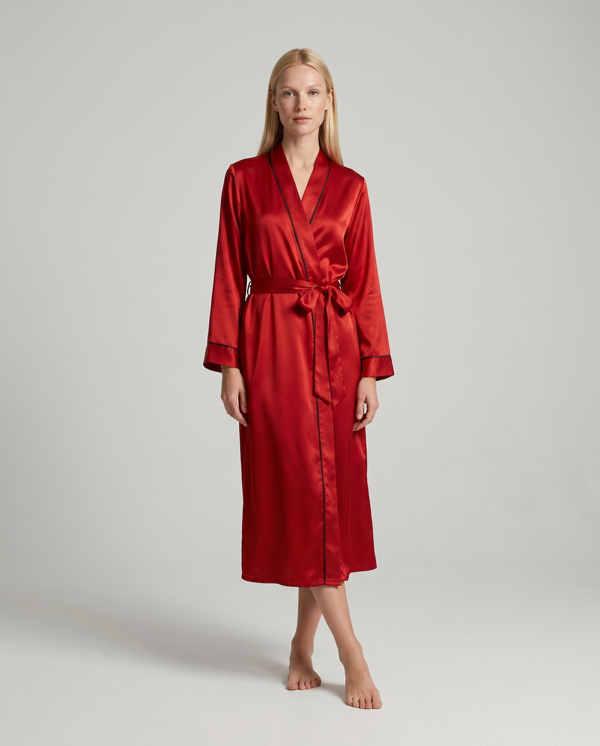 Silk Robe – Long Sleeve V-Neck Belted Silk Robe for Women