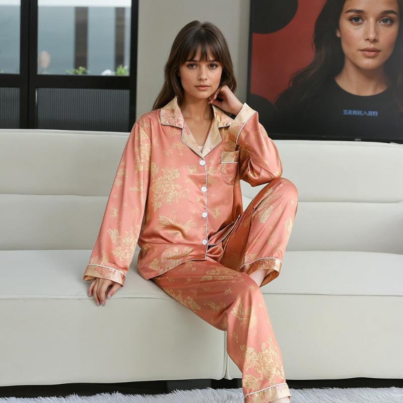 Women's Ice Silk Pajama Set – Summer Long Sleeve & Pants Loungewear in Imitation Silk