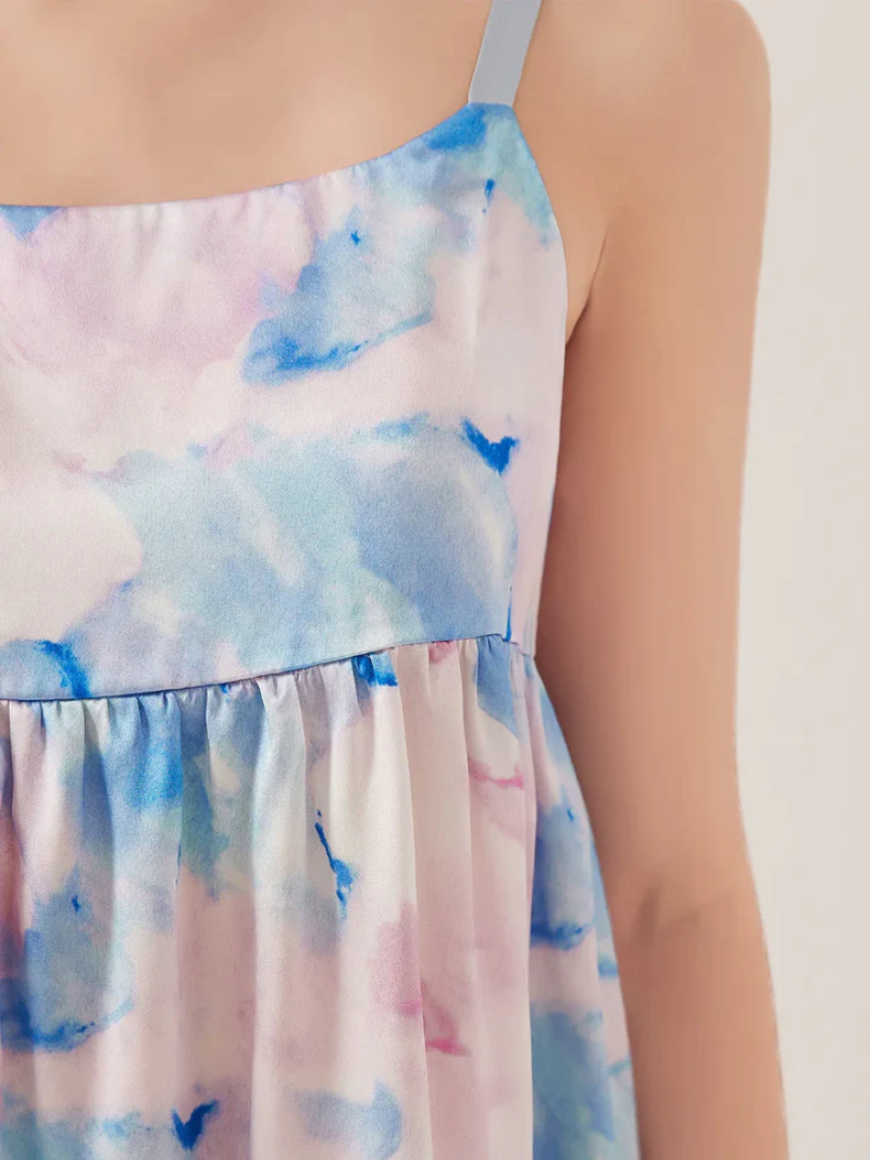 100% Mulberry Silk Watercolor Print Suspender Dress – Lightweight, Breathable & Luxuriously Soft