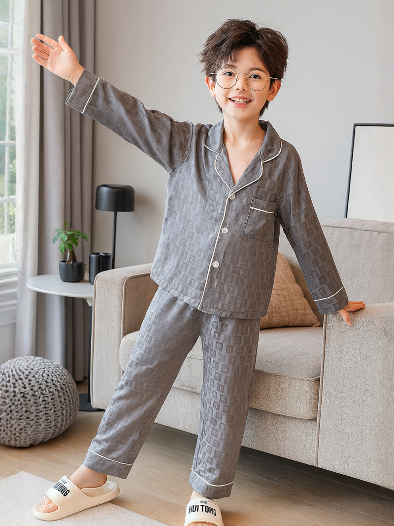 Stylish Boys’ Pajama Set – Soft Ice-Silk Long Sleeve Loungewear