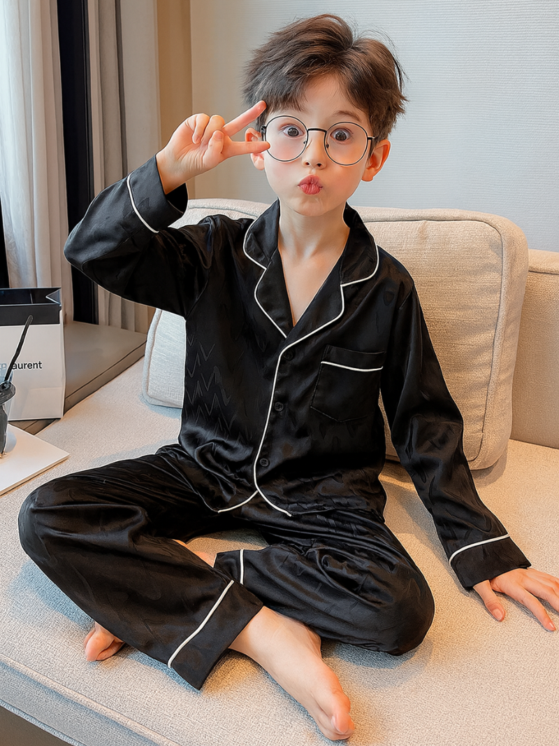Boys Ice Silk Pajama Set – Breathable Long-Sleeve Sleepwear