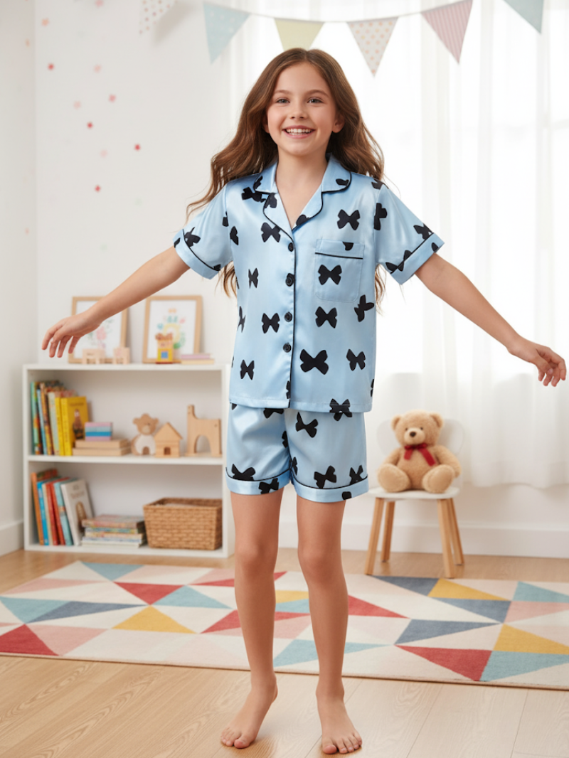 Girls Pink Satin Pajama Set With Black Bow Prints – Lightweight Summer Sleepwear