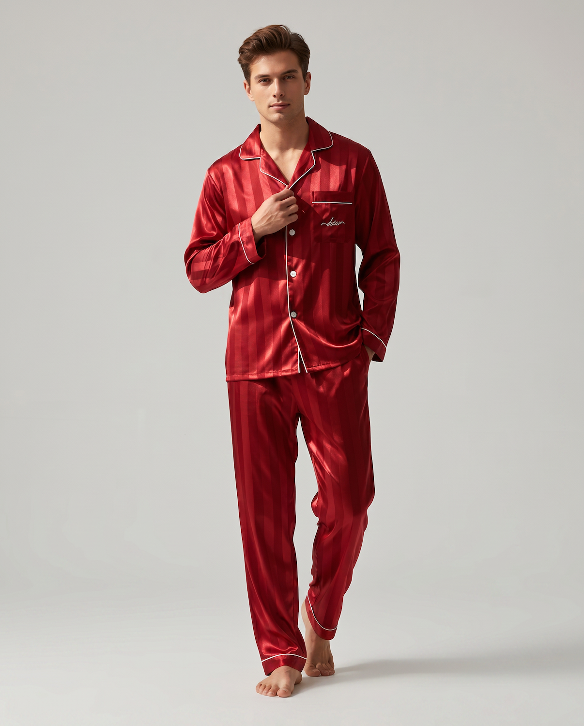 Men’s Silk Satin Pajama Set – Breathable, Lightweight Sleepwear with Long Sleeves &amp; Pants