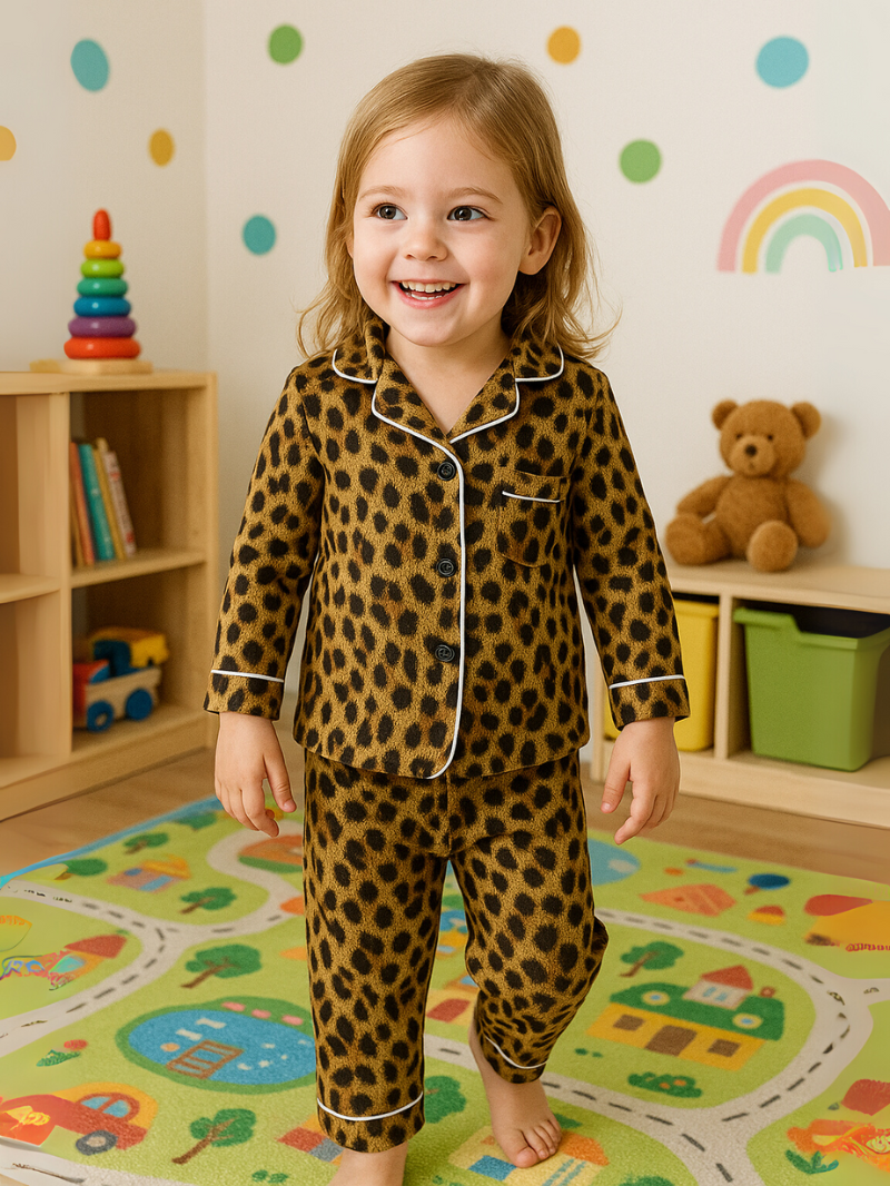 Kids Leopard Print Pajama Set – Girls Long Sleeve Sleepwear, Flame Resistant Nightwear
