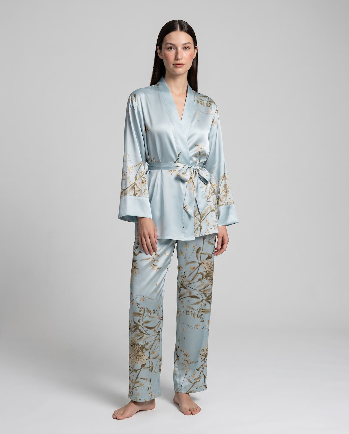 Women’s 100% Mulberry Silk Pajama Set – Long Sleeve Robe, Full-Length Pants &amp; Premium Print