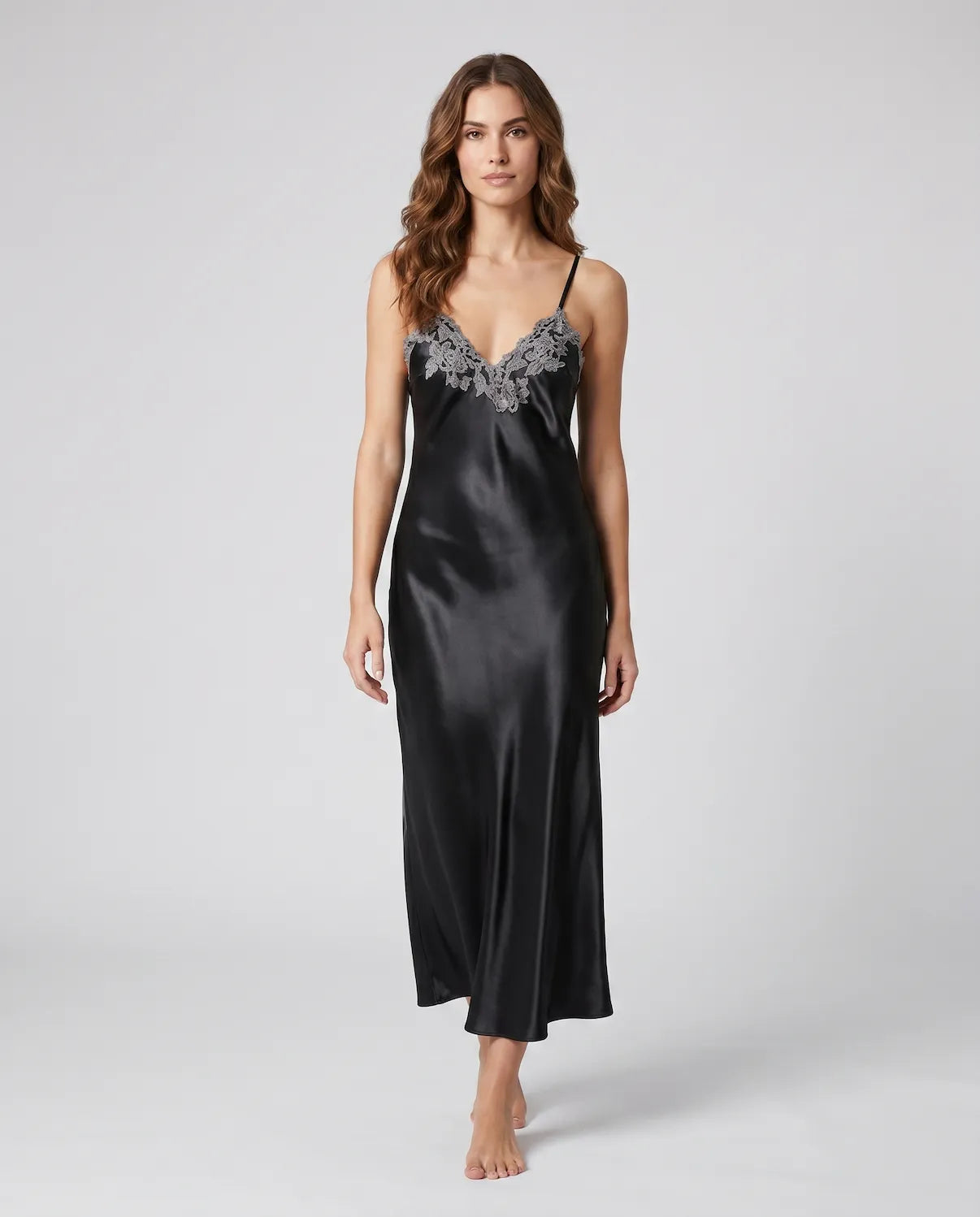 Arabella Faux Silk Maxi Nightgown – Elegant Lace Trim Sleepwear for Women