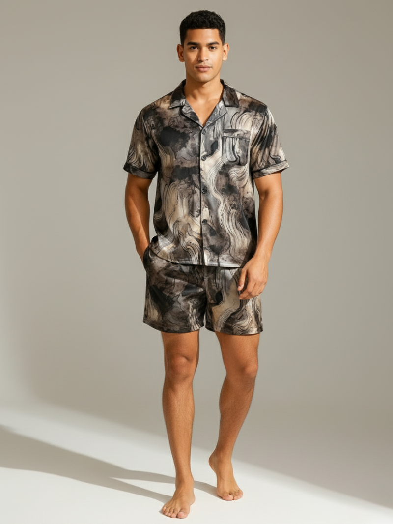 Men’s Ice Silk Pajama Set – Short Sleeve Loose Fit Sleepwear & Homewear Suit