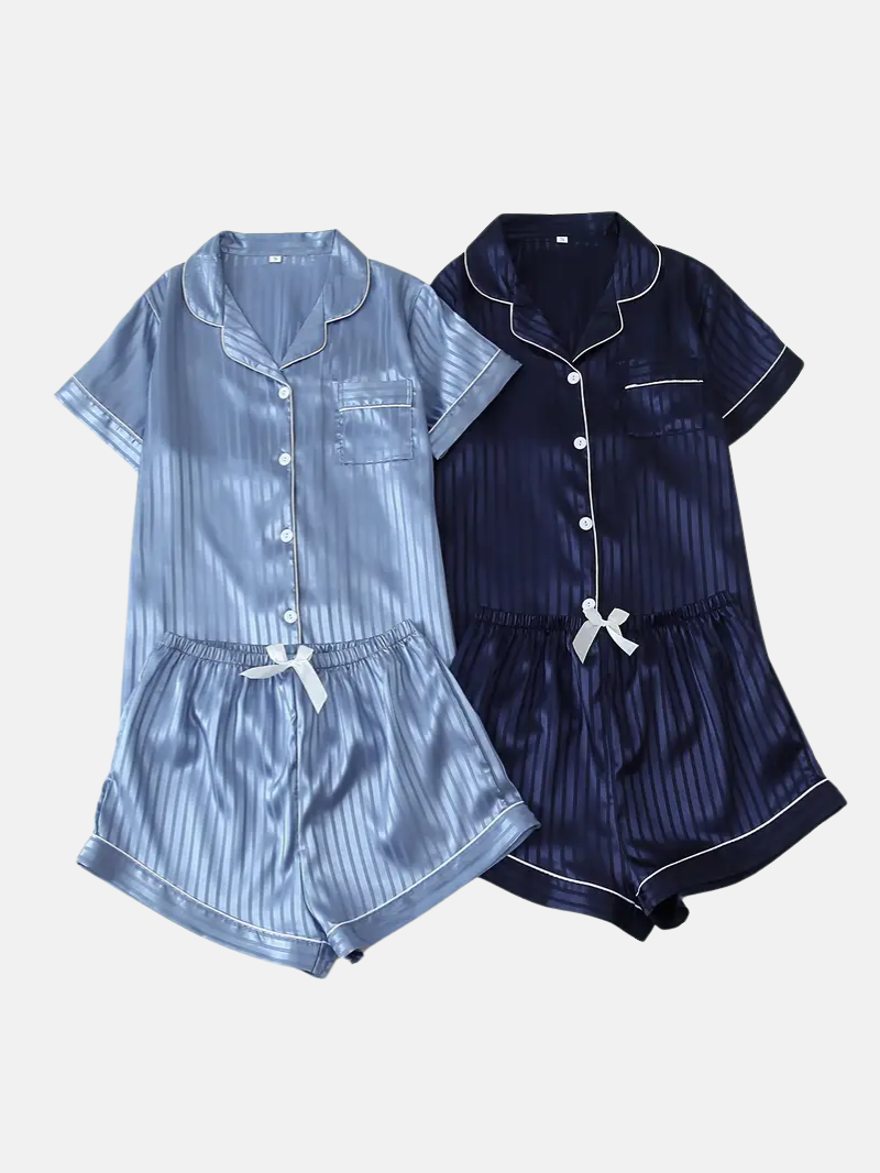 2 Sets Women's Striped Silk Casual Pajama Set Short Sleeve Top & Shorts