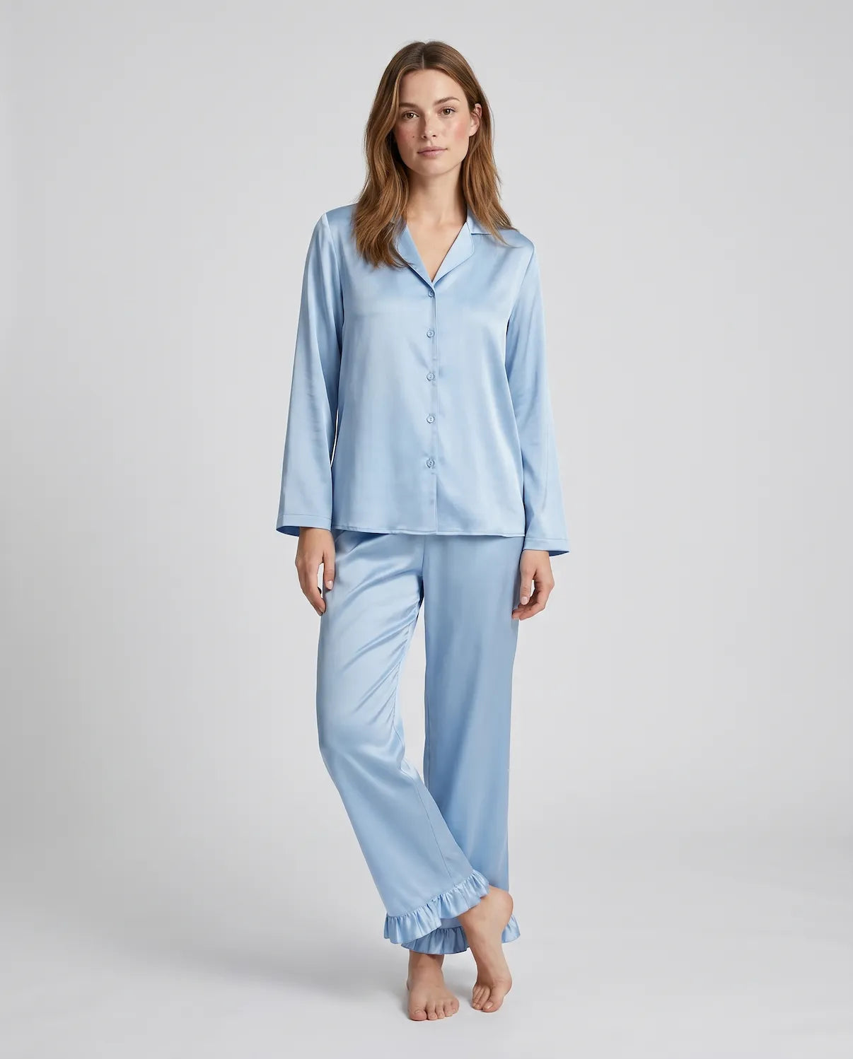 Soft Satin Pajamas Set for Women – 2-Piece Long Sleeve Sleepwear & Elegant Button Loungewear