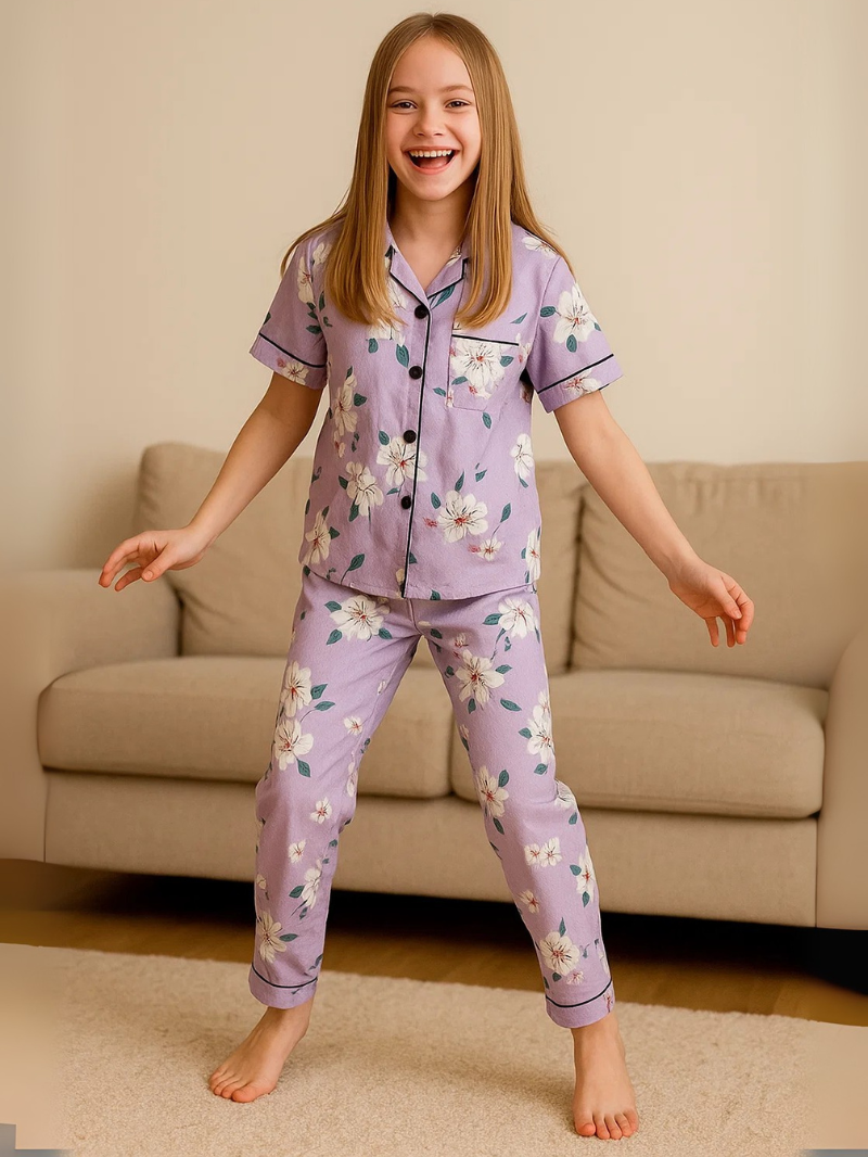 Kids’ Floral Satin Pajama Set – Elegant Sleepwear with Silky Soft Comfort