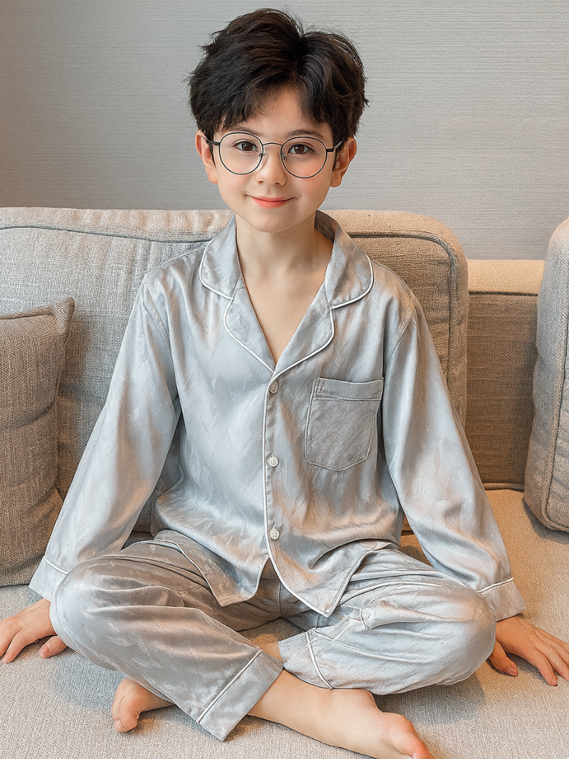 Boys Ice Silk Pajama Set – Breathable Long-Sleeve Sleepwear