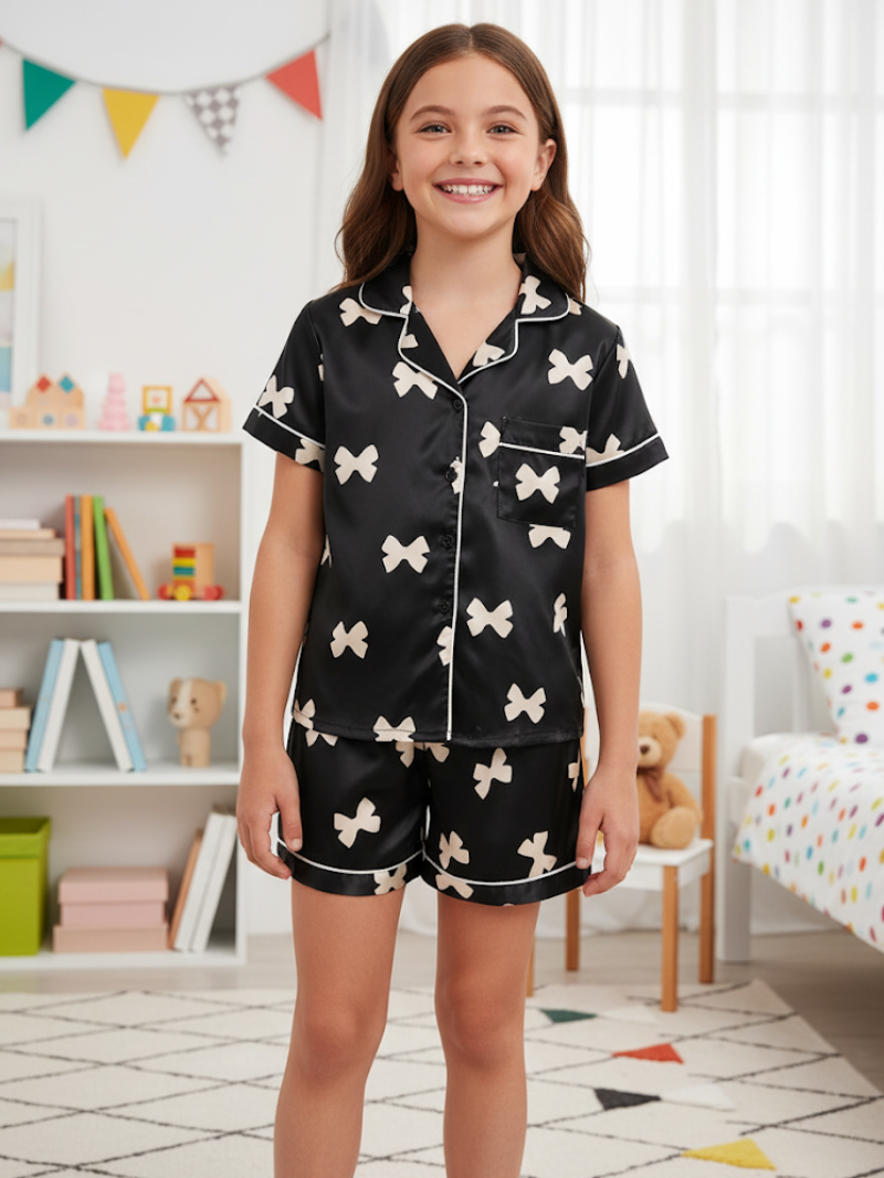 Girls Pink Satin Pajama Set With Black Bow Prints – Lightweight Summer Sleepwear
