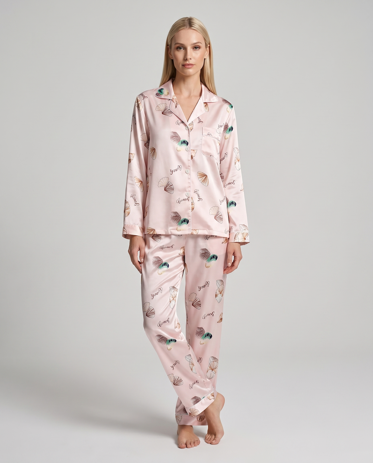 Women's Ice Silk Pajama Set – Summer Long Sleeve &amp; Pants Loungewear in Imitation Silk