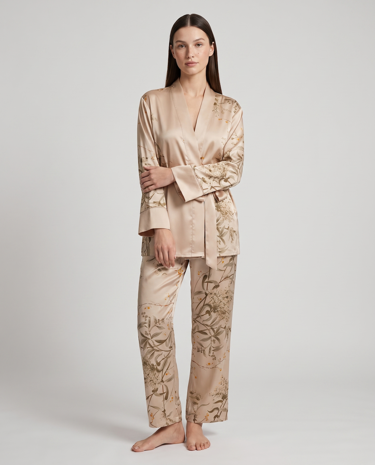 Women’s 100% Mulberry Silk Pajama Set – Long Sleeve Robe, Full-Length Pants &amp; Premium Print