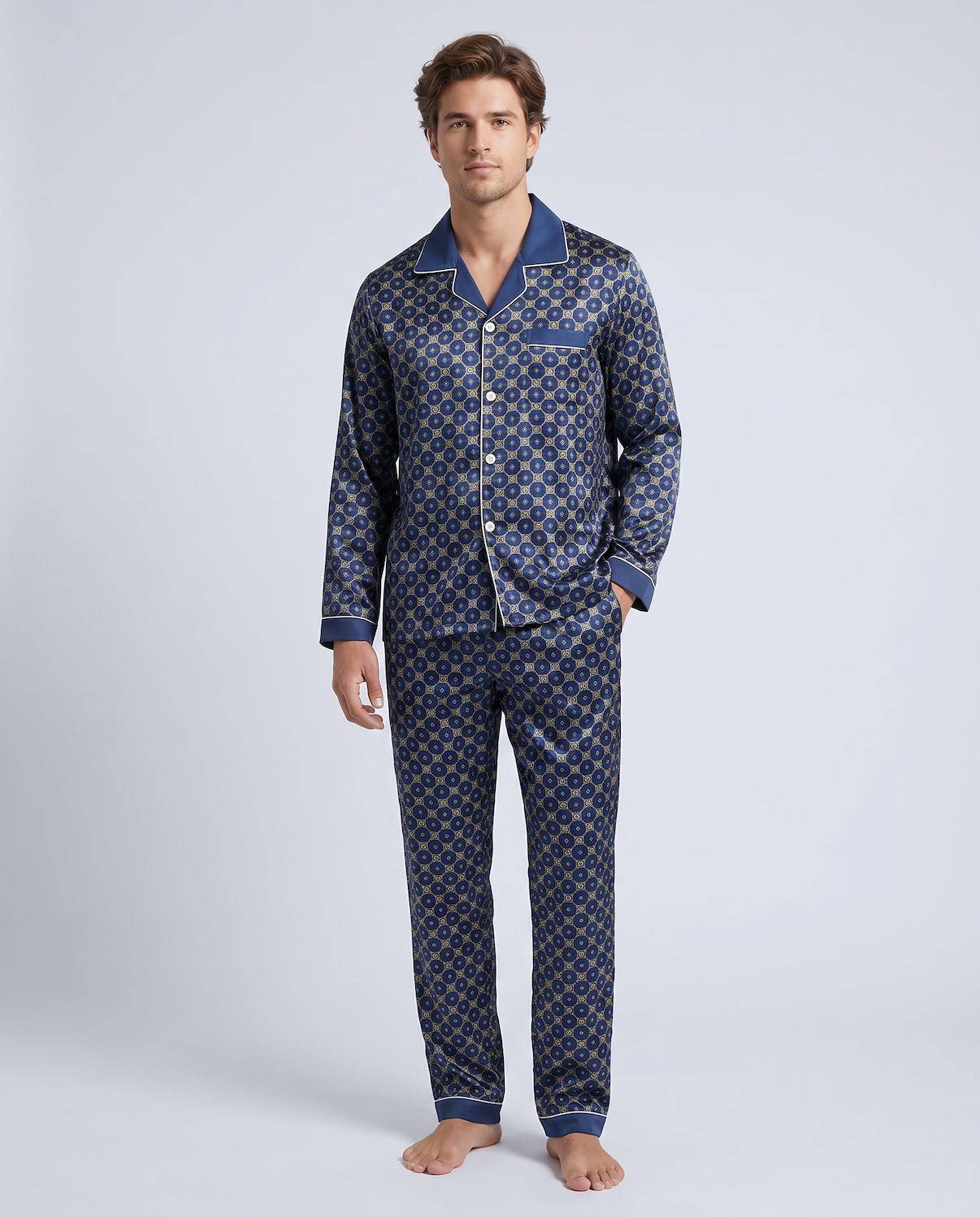 silk night dress for man Mens Long Silk Pajamas & Robe Set Full Length Silk Sleepwear