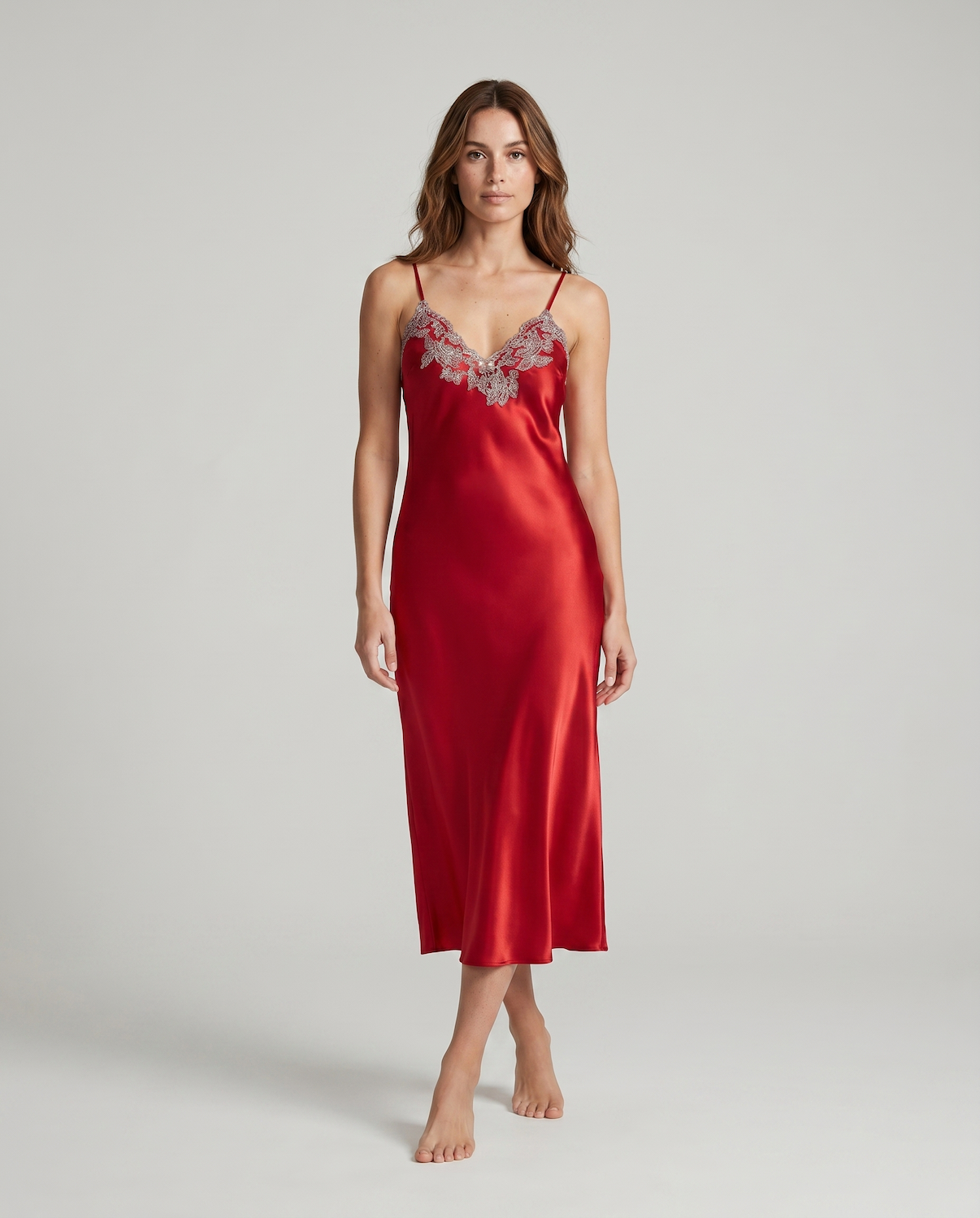 Arabella Faux Silk Maxi Nightgown – Elegant Lace Trim Sleepwear for Women