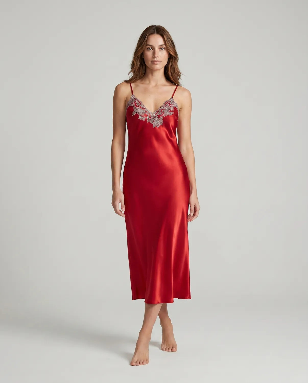 Arabella Faux Silk Maxi Nightgown – Elegant Lace Trim Sleepwear for Women