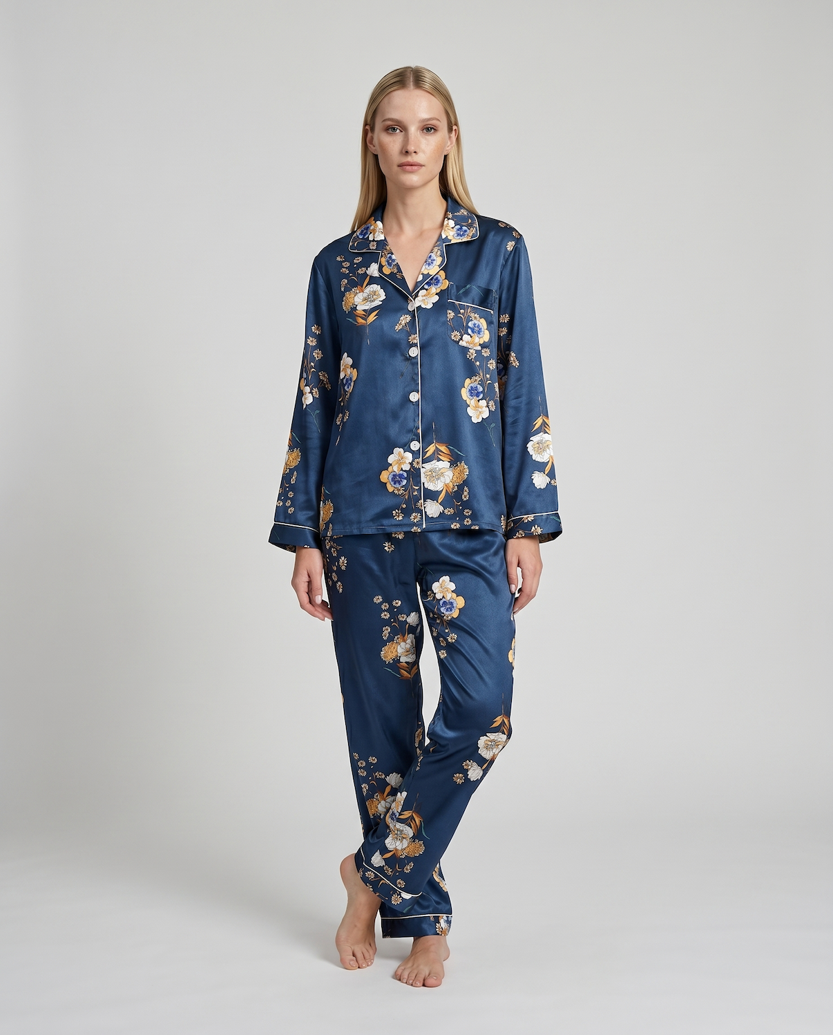 Women's Ice Silk Pajama Set – Summer Long Sleeve &amp; Pants Loungewear in Imitation Silk