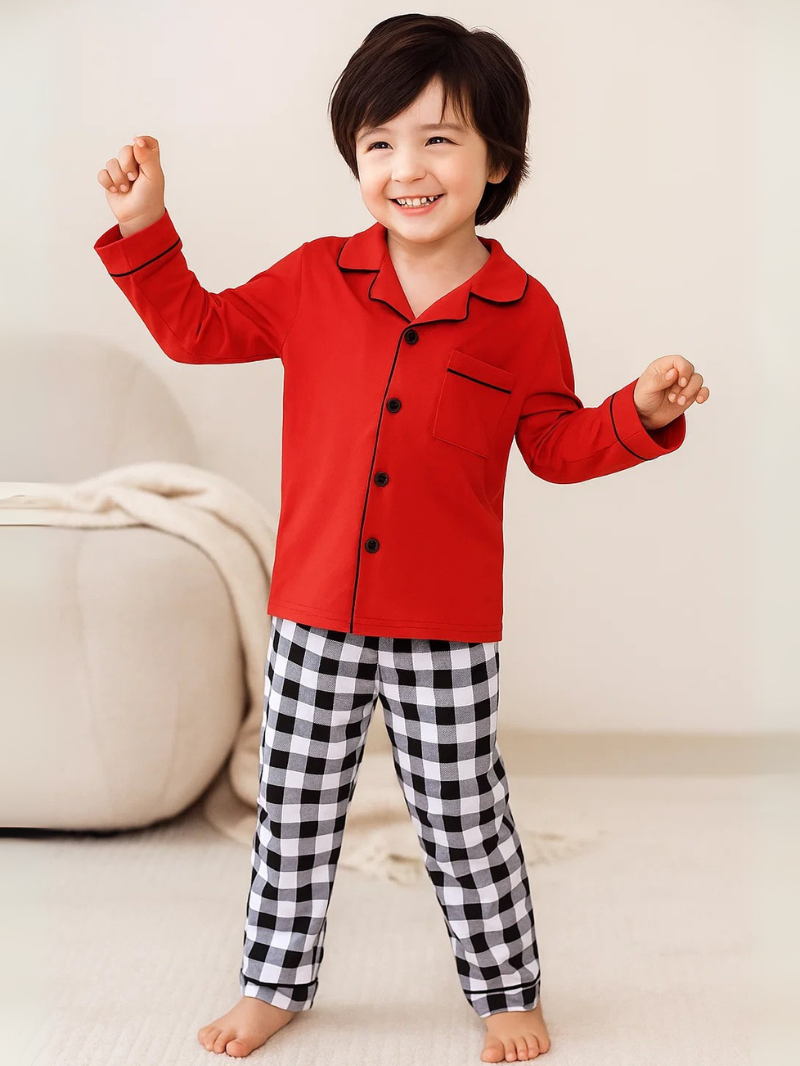 Boys and Girls Silk Pajama Set – Solid & Striped Long-Sleeve Homewear