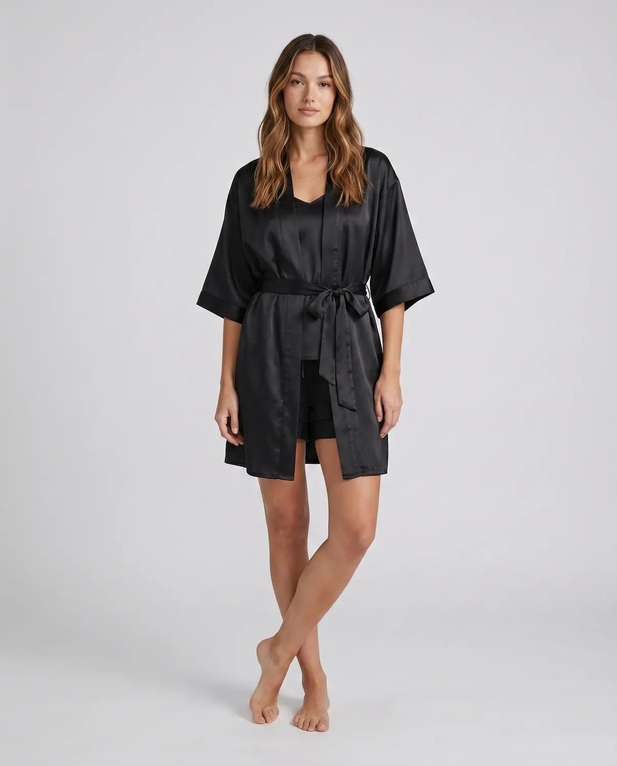 4pcs Elegant Silk Pajama Set for Women - Robe, Bralette, Shorts &amp; Pants