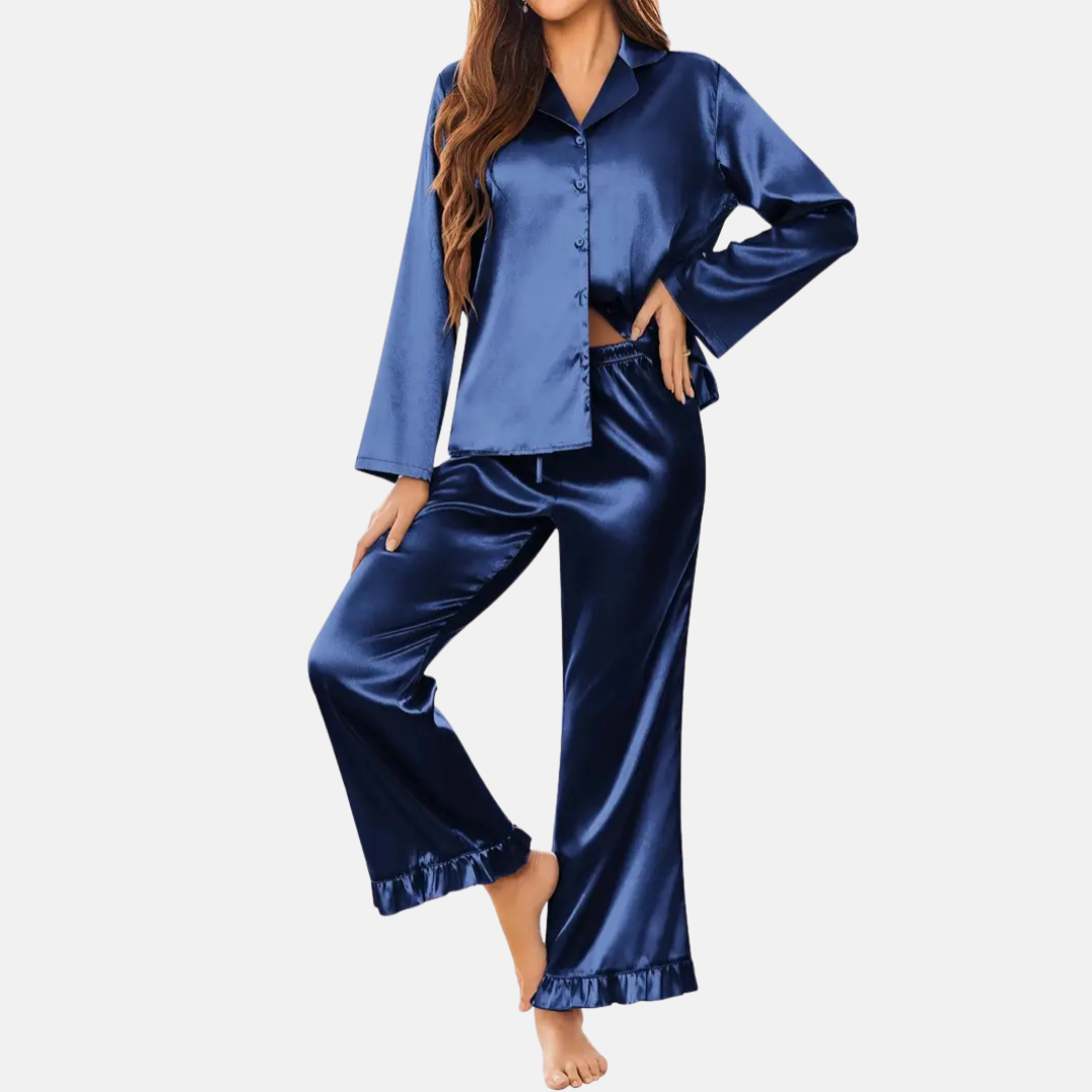 Soft Satin Pajamas Set for Women – 2-Piece Long Sleeve Sleepwear & Elegant Button Loungewear