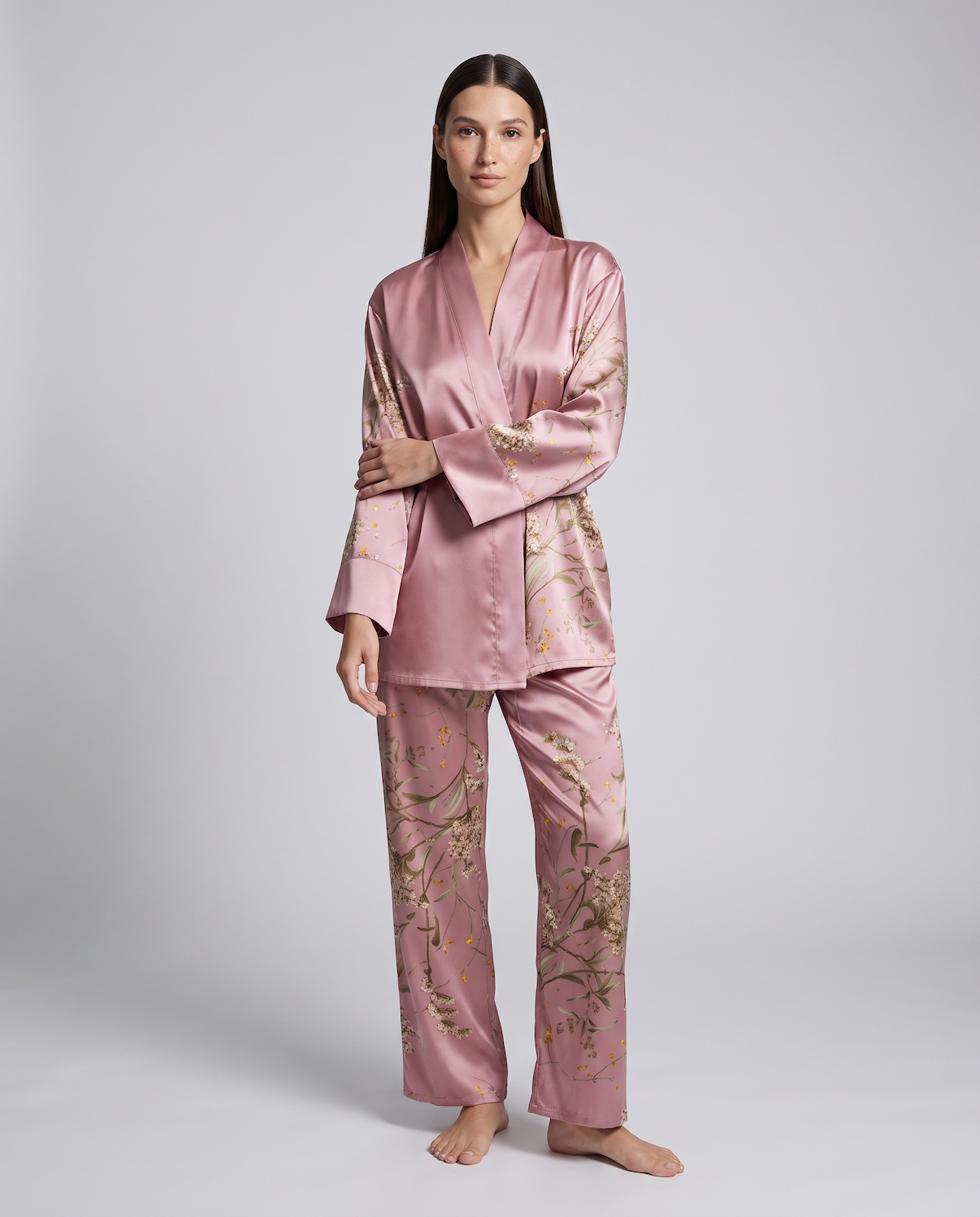 Women’s 100% Mulberry Silk Pajama Set – Long Sleeve Robe, Full-Length Pants &amp; Premium Print