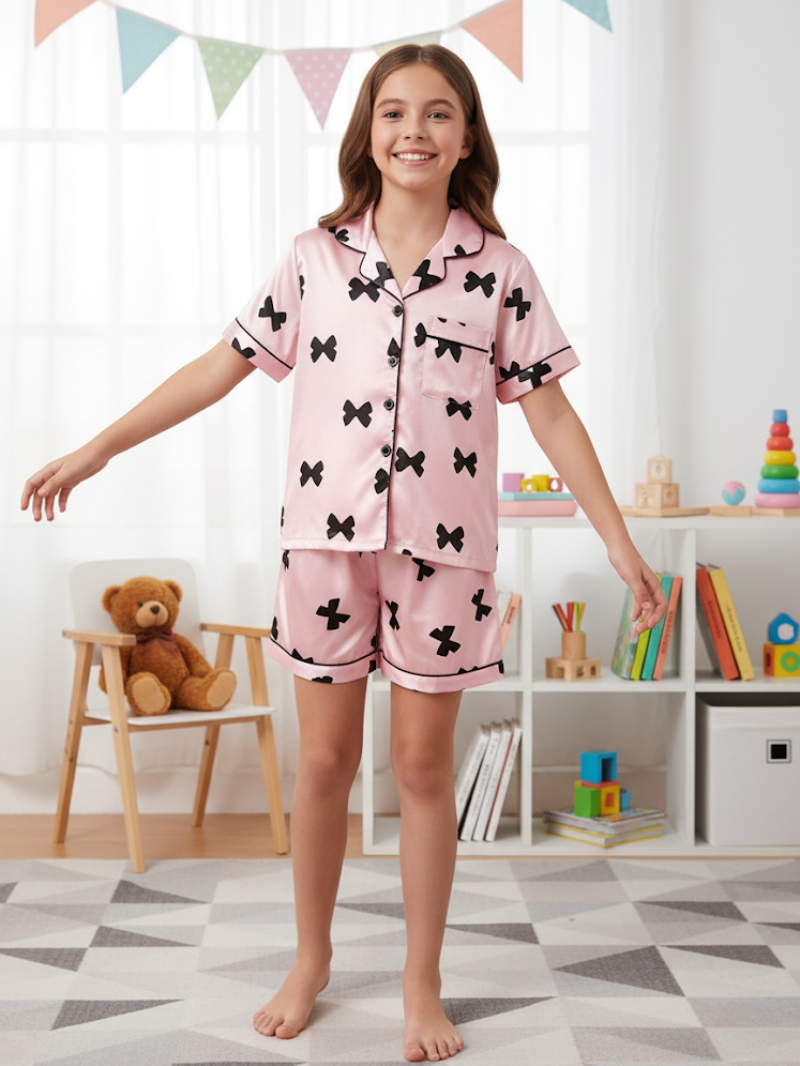 Girls Pink Satin Pajama Set With Black Bow Prints – Lightweight Summer Sleepwear